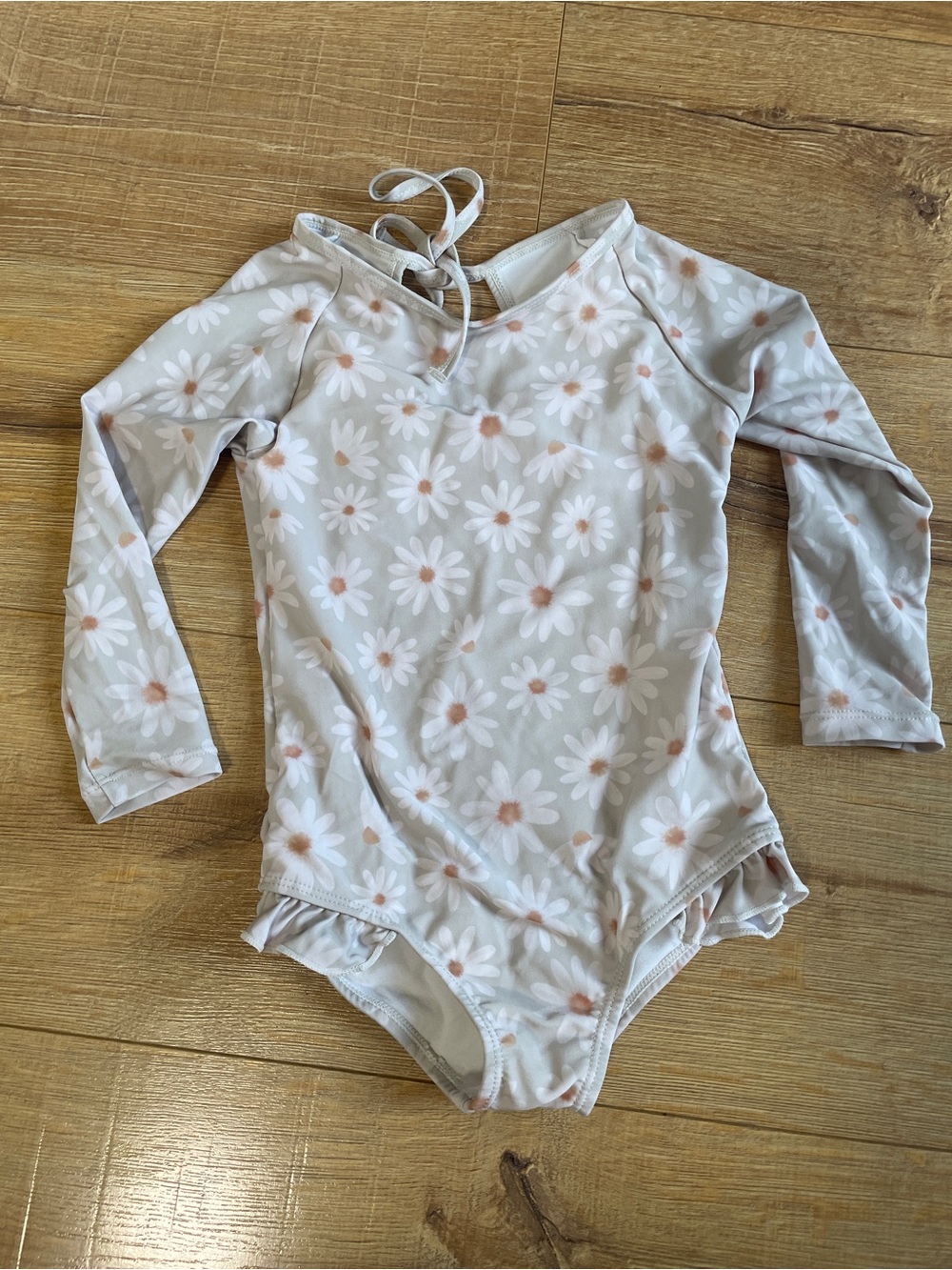 Girls' Long-Sleeve Daisy One-Piece Swimsuit in White/Pink